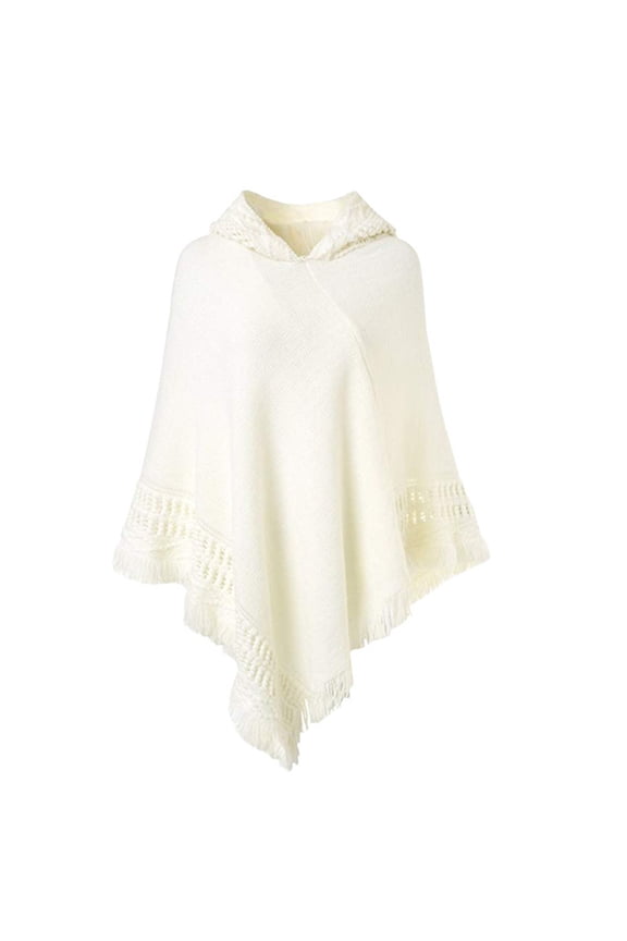 Ladies' Hooded Cape with Fringed Hem, Crochet Poncho Knitting Patterns for Women White One Size