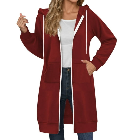ZHOUCHANKIDS Ladies' Hooded Sweatshirt Extra Large Long Zipper Hooded Sweatshirt for Autumn and Winter Sports Jacket Solid Color Women's Hoodies Red S
