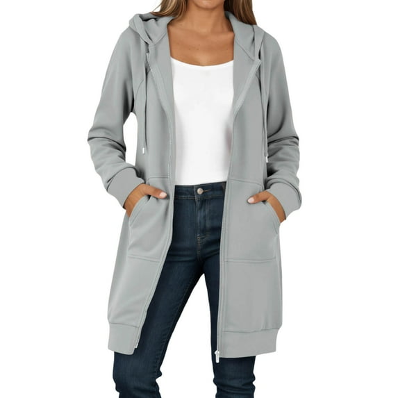 ZHOUCHANKIDS Long Sweatshirt Jacket for Women Hooded 2025 Casual Autumn and Winter Jacket Full Zipper Sleeve Hooded Sweatshirt Cardigan Outwear Coat Gray