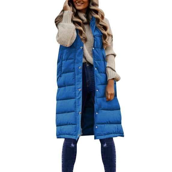ZHOUCHANKIDS Long Vest for Women Sleeveless Winter Long Puffer Vest Lightweight Warm Zip Up Hooded Jacket Dark Blue M