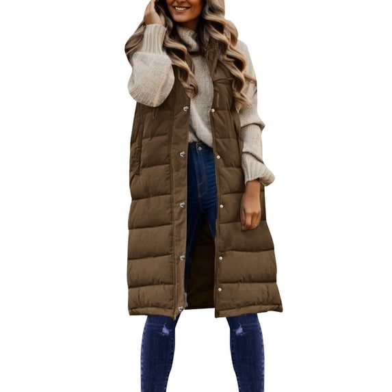 ZHOUCHANKIDS Long Vest for Women Sleeveless Winter Long Puffer Vest Lightweight Warm Zip Up Hooded Jacket Khaki S