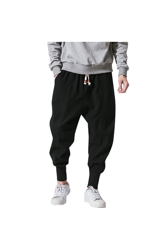 Men Linen Drop Crotch Wide Leg Baggy Harem Pants Black L