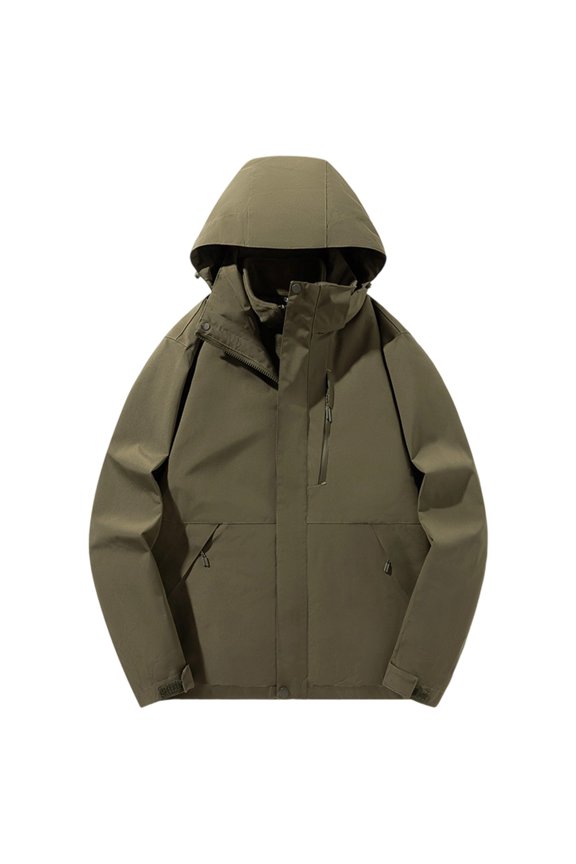 Men Winter Parka Jacket Ski Jacket Outdoor Solid Color Zipper Hooded Outerwear Army Green XXL