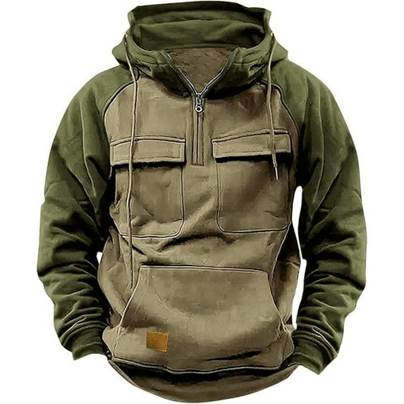 ZHOUCHANKIDS Men's Autumn and Winter Hooded Youth Hoodie Men's Tooling Solid Color Casual Hoodie Coat Tops Khaki Medium