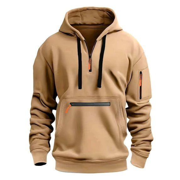 ZHOUCHANKIDS Men's Cargo Style Quarter-Zip Hoodie with Arm Pocket Long Sleeved Casual Unique Outdoor Design Hooded Sweatshirts Pullover with Drawstring and Kangaroo Pocket Khaki
