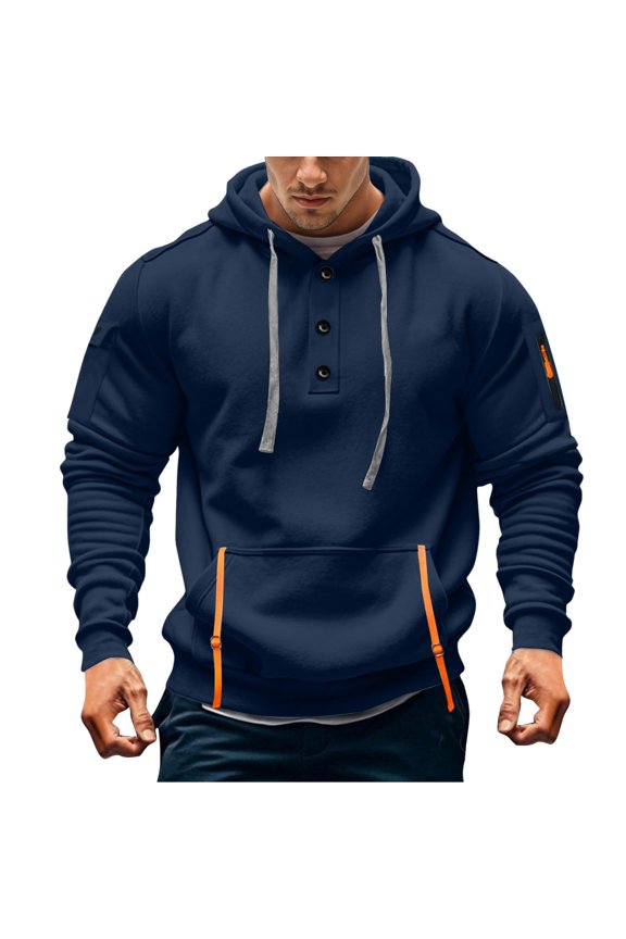 Men's Casual Button Up Hooded Sweatshirt with Drawstrings Pocket Comfortable Streetwear Pullover with Side Pockets for Daily Wear And Outdoor Activities Navy