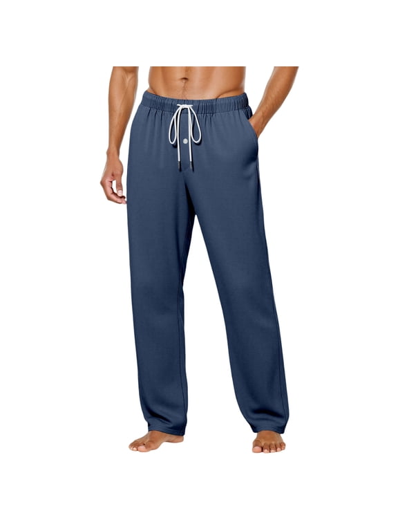 Men's Casual Pants Drawstring Stretch Elastic Waist Comfortable Solid Color Button Fly Sleep Pants Open Bottom for Home Outdoor Walking Slim Fit Long Trousers Navy