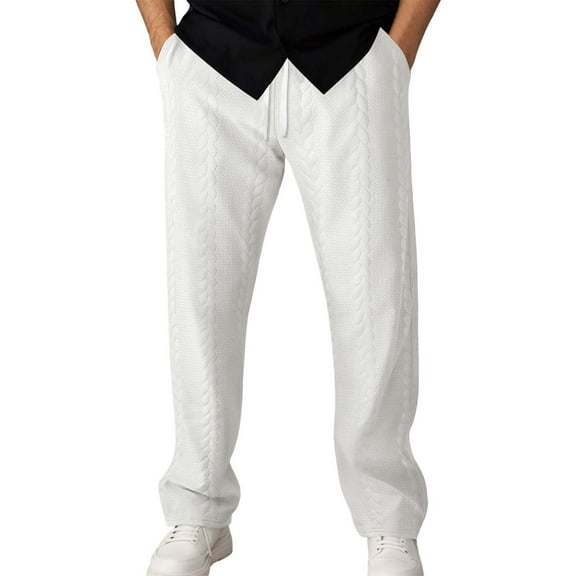 ZHOUCHANKIDS Men's Casual Pants Winter Autumn Comfortable Loose Fit Solid Color Jacquard Knit Drawstring Trousers with Pocket for Daily Wear White