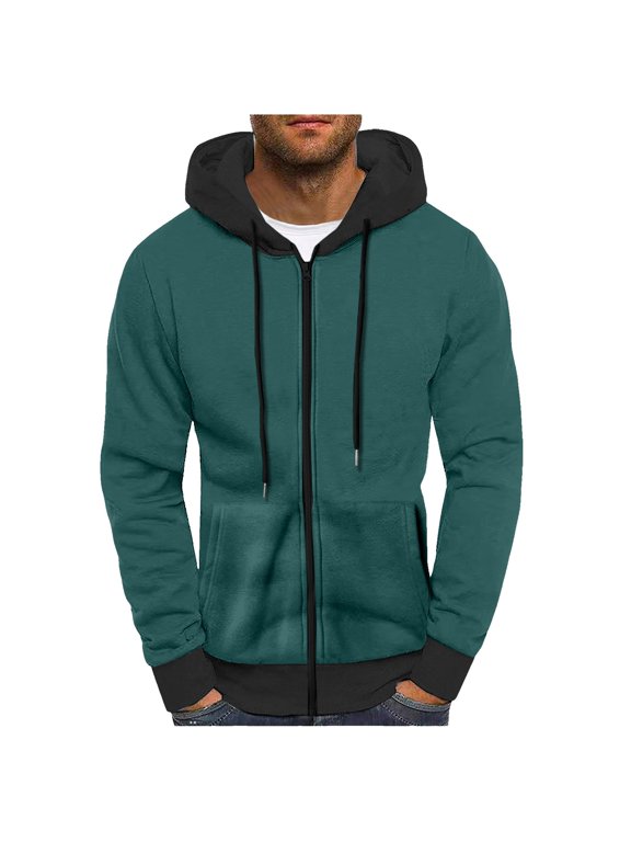 Men's Classic Full Zip Hoodie Cardigan Jacket Coat for Autumn and Winter with Drawstring Packet Color Block Pullover Thread Sweatshirt Dark Green