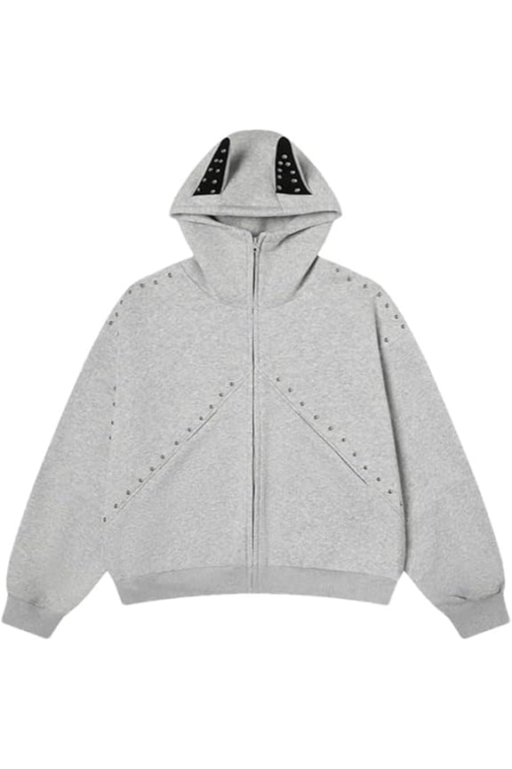 Men's Dog Ear Zip Up Hoodie with Studded Trim - Loose Fit Couple Sweatshirt for Autumn Winter Casual Streetwear,Long Sleeve Pullover Blouse Tops Grey