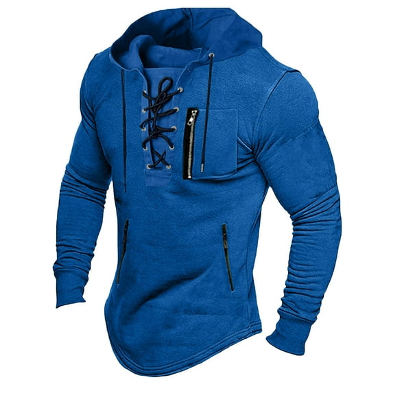 ZHOUCHANKIDS Men's Fashion Casual Lace Up Hooded Sweater for Spring and Autumn Seasons Comfortable Long Sleeve Pullover Blue XXL