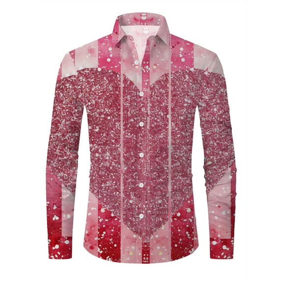 ZHOUCHANKIDS Men's Novelty Shirt Short Sleeve Golf Polo Top Printed Valentine's Night Shirt Fashionable Soft Comfortable Button Down Long Sleeve Top for Men Pink S