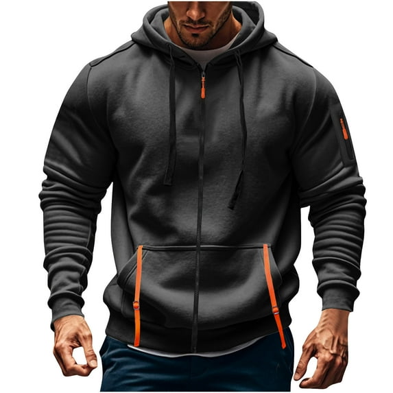 ZHOUCHANKIDS Men's Spring and Autumn Long Sleeve Hoodie Men's Casual Unique Outdoor Design Solid Color Long Sleeve Full Zipper Hoodie Grey Large