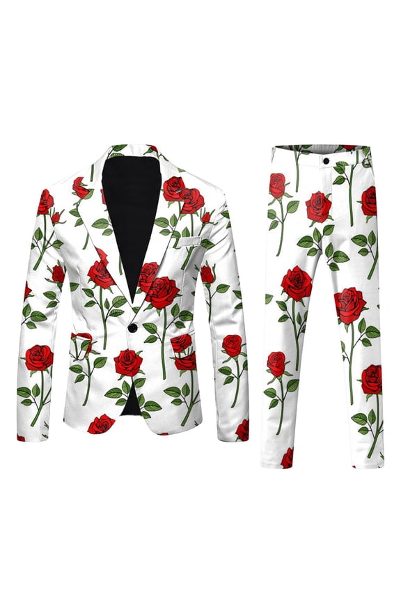 Men's Valentine's Day Long Sleeve Button Down Shirts Men's Valentine's Day 3D Digital Print Lightweight Business Suit Set Formal Jacket and Pants Outfit White XXL