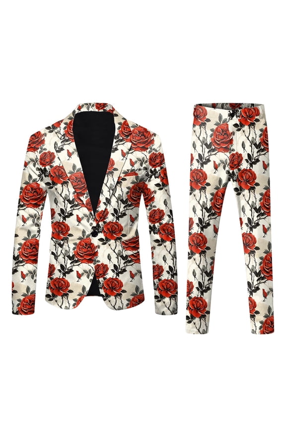 Men's Valentine's Day Long Sleeve Button Down Shirts Men's Valentine's Day 3D Digital Print Lightweight Business Suit Set Formal Jacket and Pants Outfit Yellow XXL