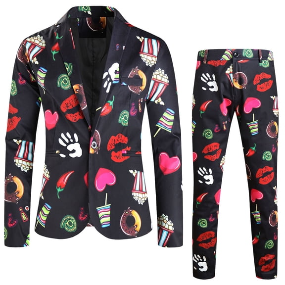 ZHOUCHANKIDS Men's Valentine's Day Long Sleeve Button Down Shirts Mens Valentine Day Printed Suit Set for Formal Dinner Dates Two Piece Jacket and Trousers Ensemble Black XXXL