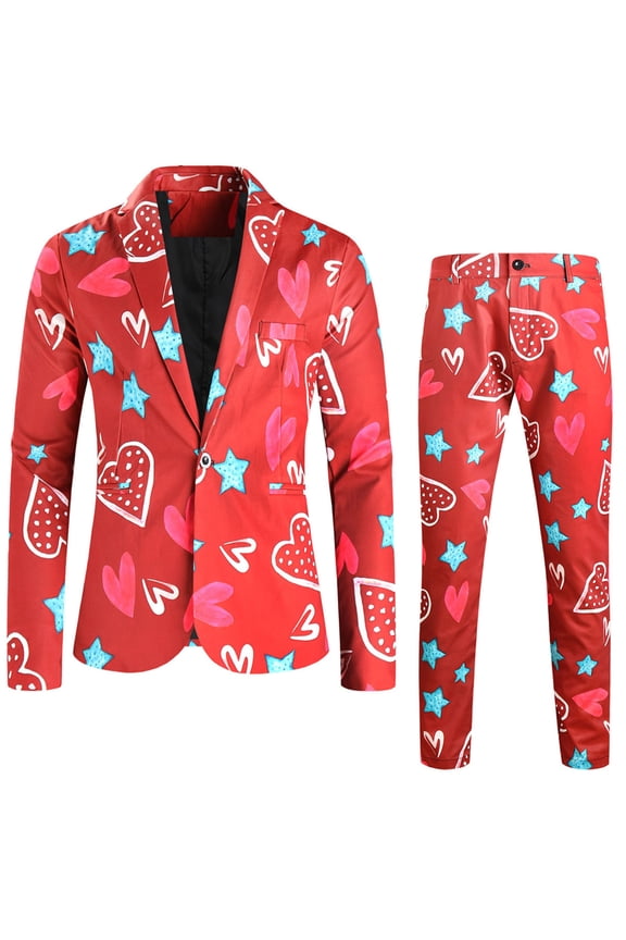 Men's Valentine's Day Long Sleeve Button Down Shirts Mens Valentine Day Printed Suit Set for Formal Dinner Dates Two Piece Jacket and Trousers Ensemble Red L