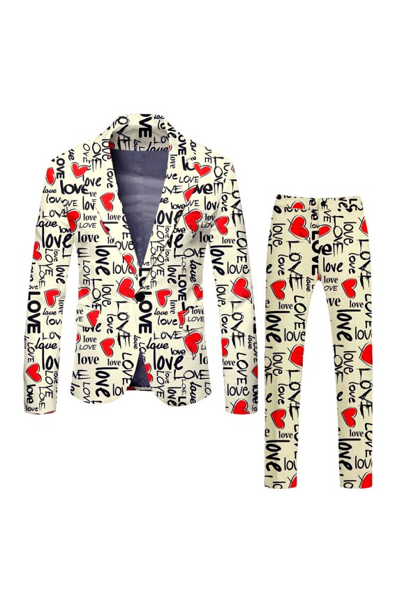 Men's Valentine's Day Printed Suit Set Two Piece Formal Attire with Rose Design Jacket and Trousers Beige XXL