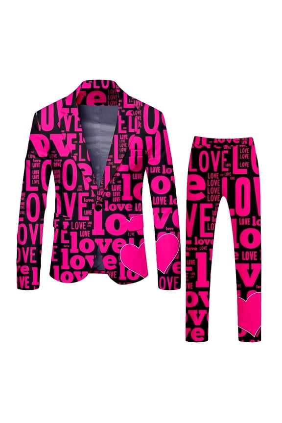 Men's Valentine's Day Rose Print Two Piece Suit Set Formal Jacket and Pants Ensemble for Hot Pink L