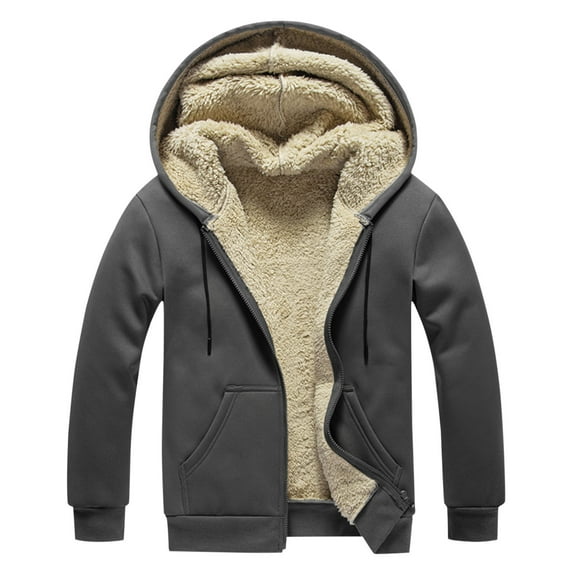 ZHOUCHANKIDS Men's Winter Casual Plush Solid Hooded Coat Long Sleeve Zipper Pocket Coat Dark Gray X-Large
