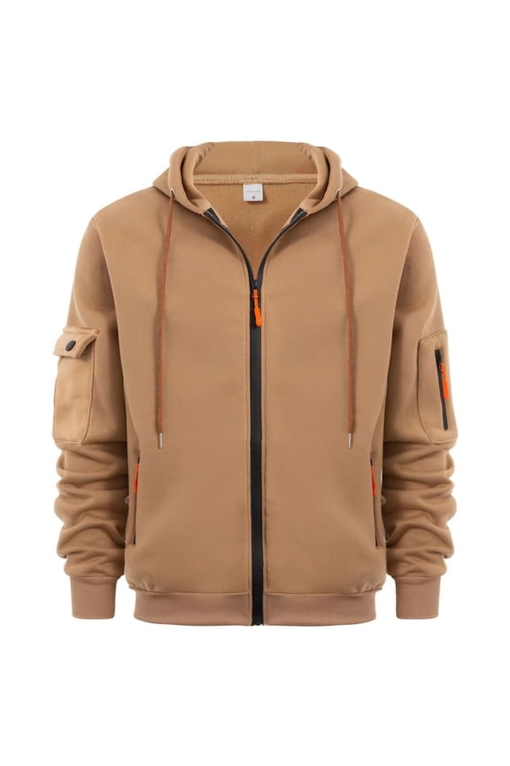 Men's Zip Up Hooded Sweatshirt Winter Warm Thermal Long Sleeve Jacket with Arm Pockets Outdoor Leisure Coat Outerwear Khaki