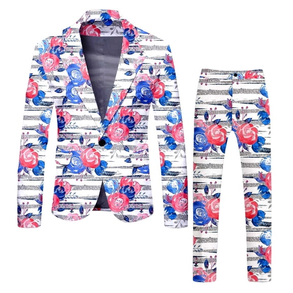 ZHOUCHANKIDS Mens Valentine's Day Two Piece Suit Set Featuring A Full Rose Print Design On Jacket And Pants Blue S
