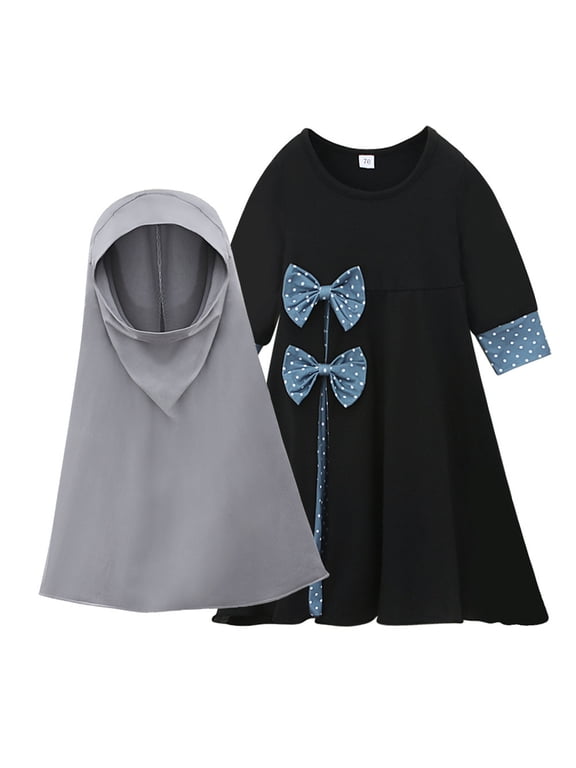 Muslim Baby Girls Abaya Hijab Maxi Dress Toddler Robe Burka Full Length Outfit for Teens (Black-b, 12-24 Months)