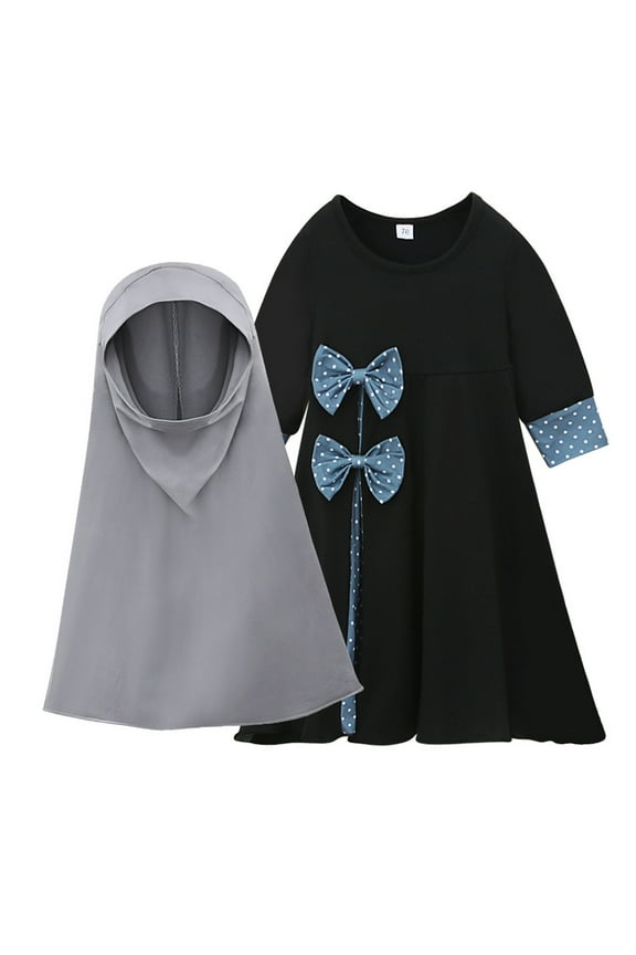 Muslim Baby Girls Abaya Hijab Maxi Dress Toddler Robe Burka Full Length Outfit for Teens (Black-b, 12-24 Months)