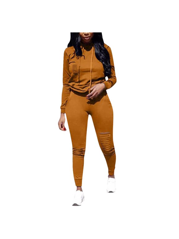 Party Women's Hoodie Ladies Autumn/Winter Sportswear Suit Stylish Casual Long-Sleeved Ripped Pullover Hooded Sweater Yellow M
