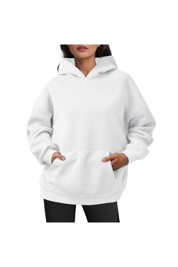 Ribbed Ladies' Hooded Sweatshirt Women's Oversized Pullover Hoodies Velvet Long Sleeve Sweatshirts with Pockets for Winter and White XL