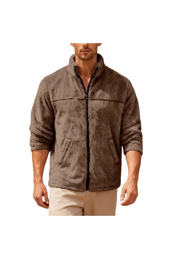 Sherpa Jacket Fuzzy Sweater for Men, Winter Coats, Mens Cold Weather Jackets Brown S
