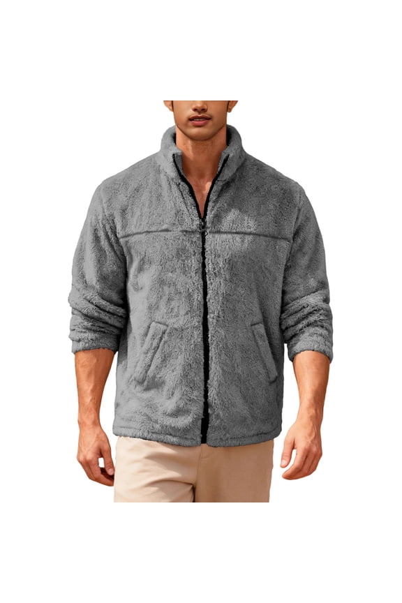 Sherpa Jacket Fuzzy Sweater for Men, Winter Coats, Mens Cold Weather Jackets Grey M