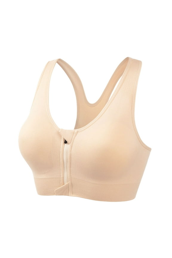 Sports Bras for Women Full Support Front Zip Closure Compression Bras Post Surgery Wireless Racerback Sport Brassiere Beige XL