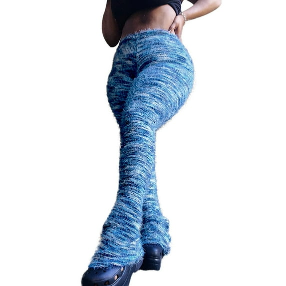ZHOUCHANKIDS Stacked Pants for Women Leggings Bell Bottom Pants Fuzzy High Wasited Colorful Strip Club Outfits Sweatpants Blue M