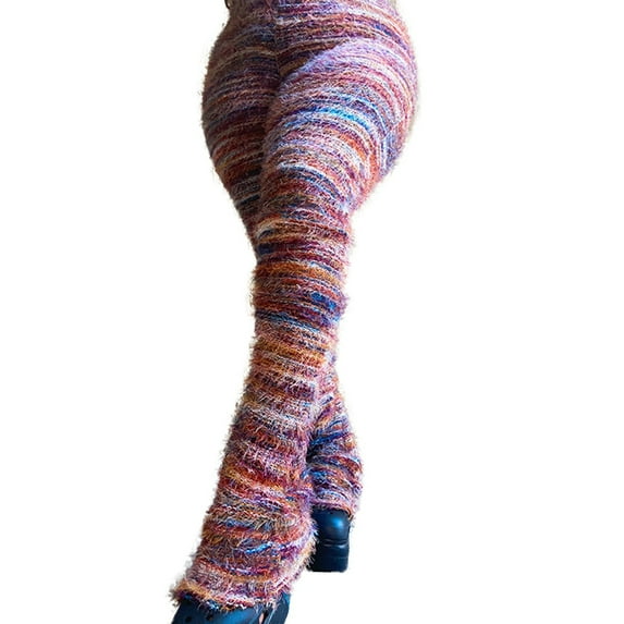 ZHOUCHANKIDS Stacked Pants for Women Leggings Bell Bottom Pants Fuzzy High Wasited Colorful Strip Club Outfits Sweatpants Hot Pink XXL
