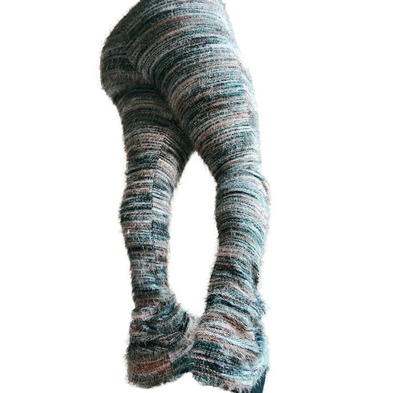 ZHOUCHANKIDS Stacked Pants for Women Leggings Bell Bottom Pants Fuzzy High Wasited Colorful Strip Club Outfits Sweatpants Light Green M