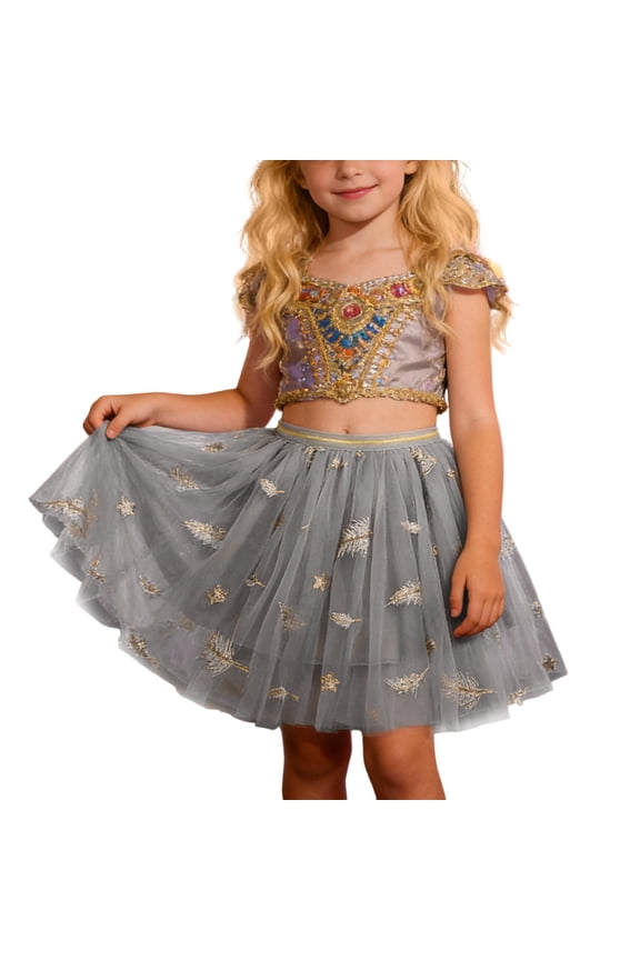 Tutu Skirts for Toddler Girls Layered Embroidery Tulle Skirts for Girls Floral Skirt Party Customes Grey 8-9 Years