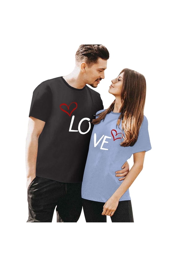 Valentine's Day Matching Couple T-Shirt Set for Him and Her with Letter Print Casual Short Sleeve Tees Dark Gray L