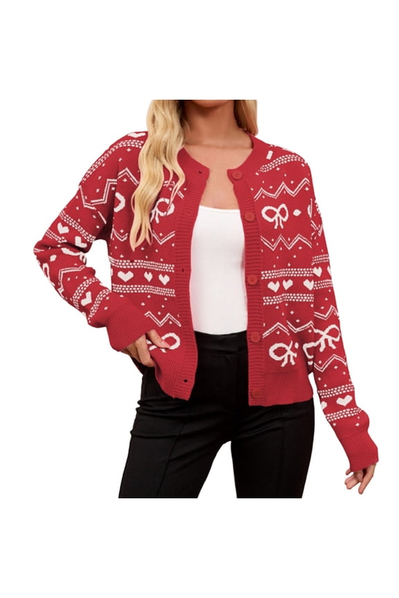 Valentines Cardigan Sweaters for Women Heart Graphic Knit Sweater Button Down V Neck Open Front Outerwear Red L