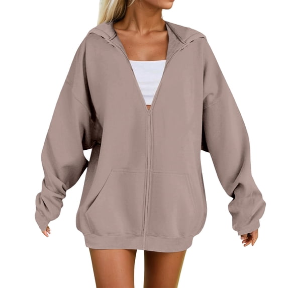 ZHOUCHANKIDS Women Casual Full Zip Up Plush Hoodie Comfy Loose Solid Sweatshirt Long Sleeve Jacket with Pockets Khaki XXXXL
