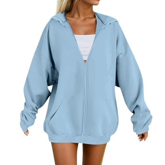 ZHOUCHANKIDS Women Casual Full Zip Up Plush Hoodie Comfy Loose Solid Sweatshirt Long Sleeve Jacket with Pockets Sky Blue L