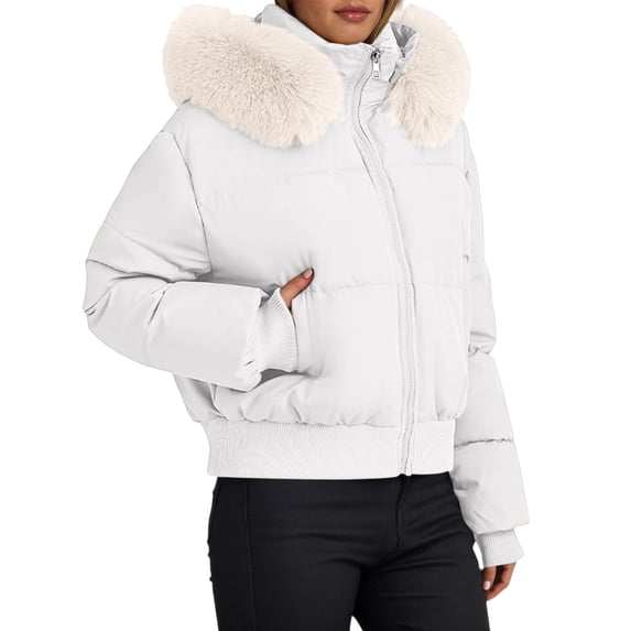 ZHOUCHANKIDS Women Down Short Waisted Winter Jacket Quilted Outerwear Warm Coat With Oversized Hood For Cold Weather White M