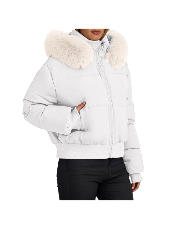Women Down Short Waisted Winter Jacket Quilted Outerwear Warm Coat With Oversized Hood For Cold Weather White M