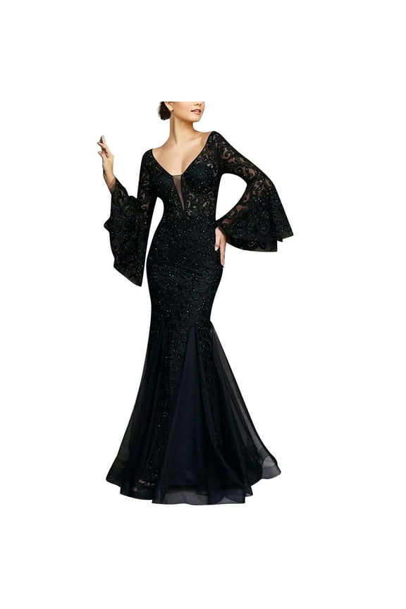 Women Gothic V Neck Lace Sleeve Retro Patchwork Dark Bridal Goth Dress Black XL