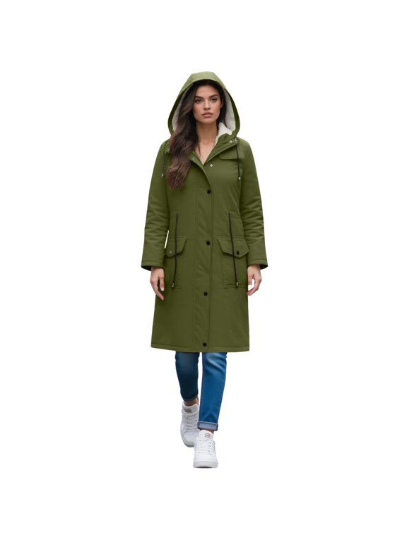 Women Hooded Rain Jacket Long Waterproof Raincoat Casual Full Zip Anorak Midi Windbreaker Pockets Army Green M