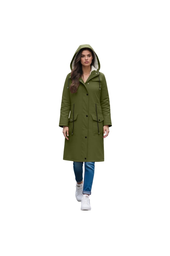 Women Hooded Rain Jacket Long Waterproof Raincoat Casual Full Zip Anorak Midi Windbreaker Pockets Army Green M