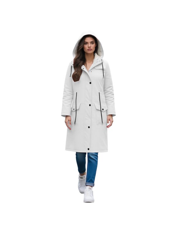 Women Hooded Rain Jacket Long Waterproof Raincoat Casual Full Zip Anorak Midi Windbreaker Pockets White M