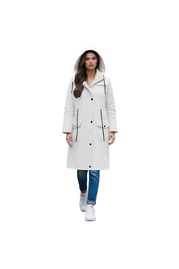 Women Hooded Rain Jacket Long Waterproof Raincoat Casual Full Zip Anorak Midi Windbreaker Pockets White M