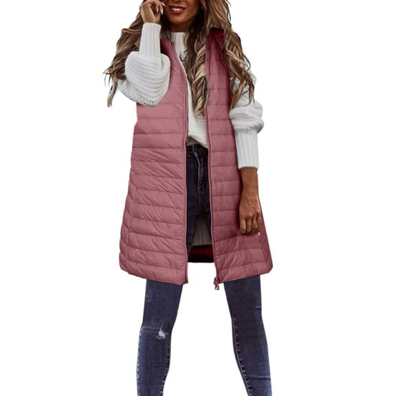 ZHOUCHANKIDS Women Long Vest Solid Color Sleeveless Hood Winter Puffer Vest Outwear Pink M