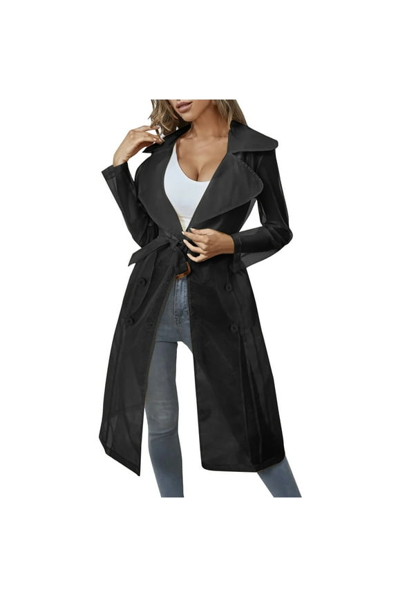 Women Longline Trench Coat Sheer Mesh Sleeve Buttoned CoatTransparent Jacket Coat with Belt Black M